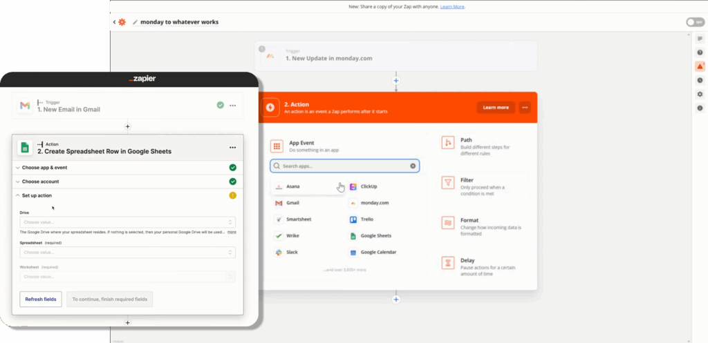 Configuration monday Zapier avec action Google Sheets pour automatiser création de lignes.