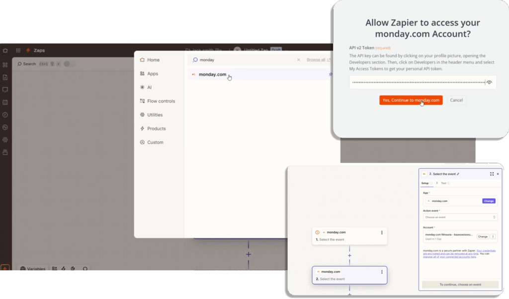 Connexion monday Zapier avec autorisation API pour synchroniser comptes et automatisations.
