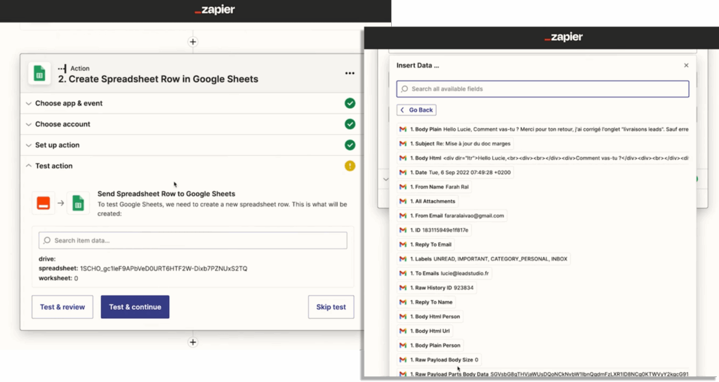 Test monday Zapier avec envoi de données vers Google Sheets pour valider l’automatisation.