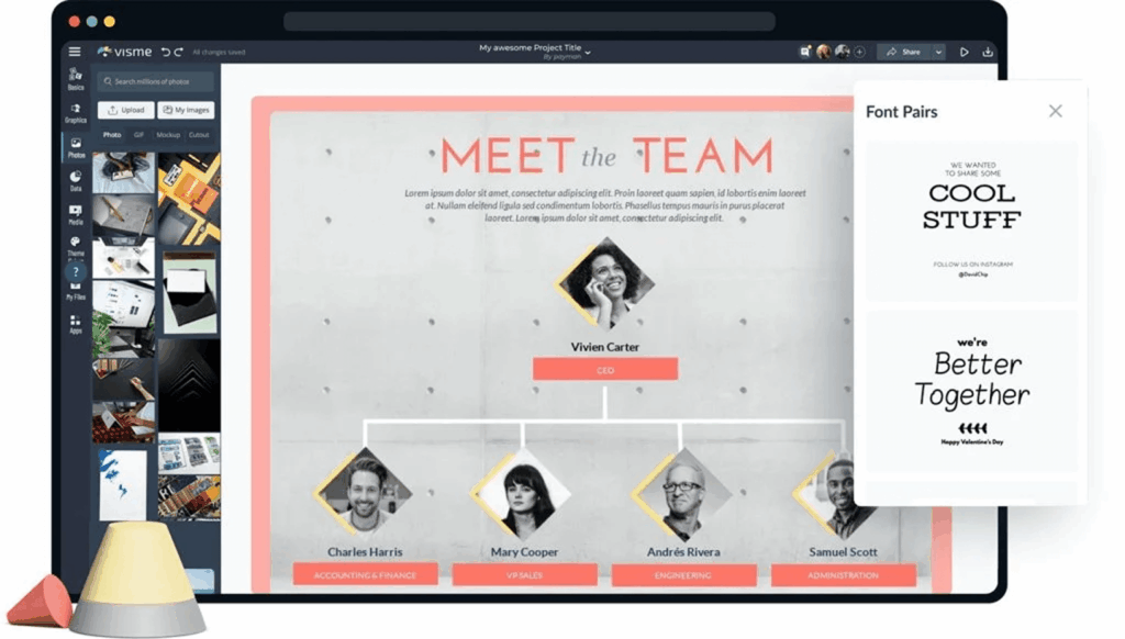 Organigramme en ligne créé avec Visme pour présenter équipe et structure hiérarchique..