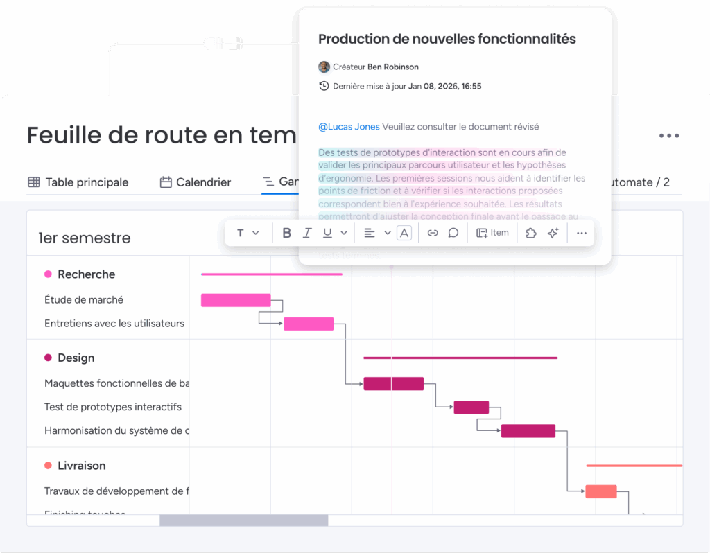 Feuille de route produit avec planning semestriel, phases de projet et suivi des tâches.