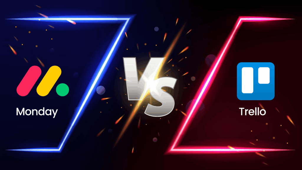 Comparatif monday vs Trello avec logos des deux outils de gestion de projet.