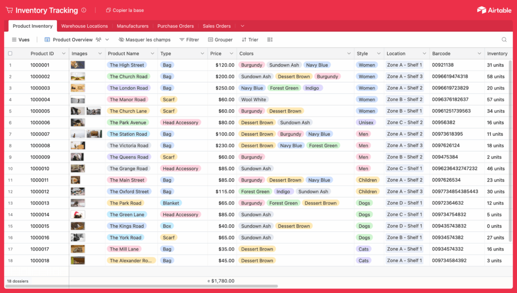 Interface Airtable pour gestion d’inventaire avec outils d’automatisation et base de données.