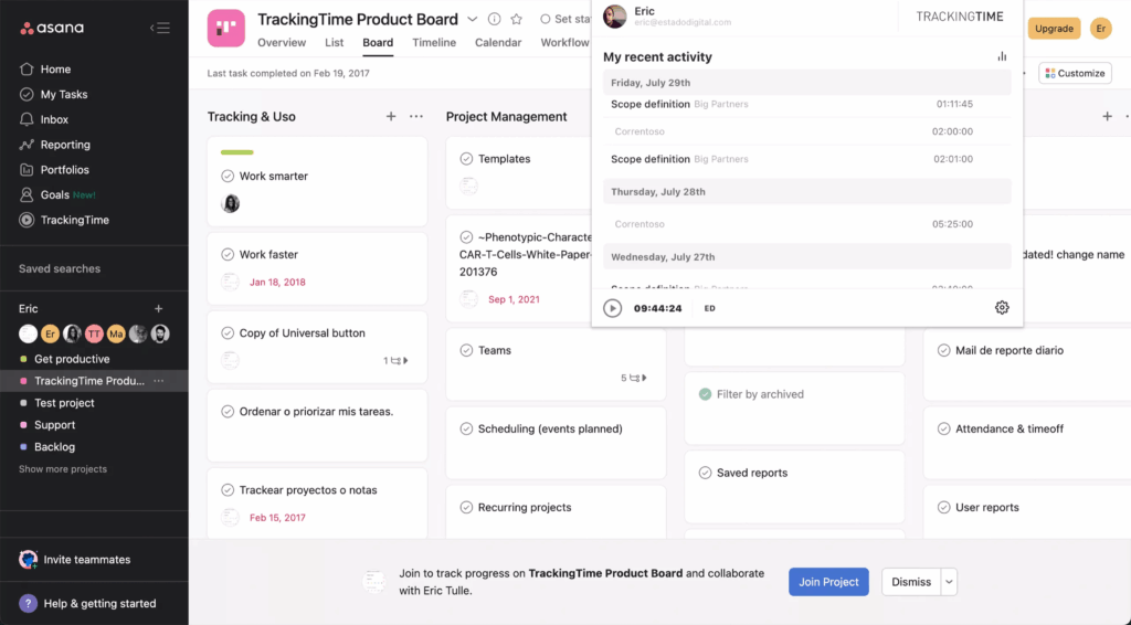 Asana gestion du temps avec tâches, suivi d’activité et organisation de projet.