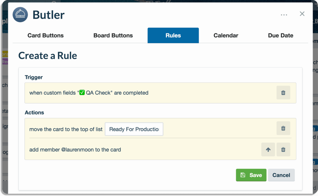 Automatisation Butler dans Trello avec règle déplacement carte et attribution membre automatique.