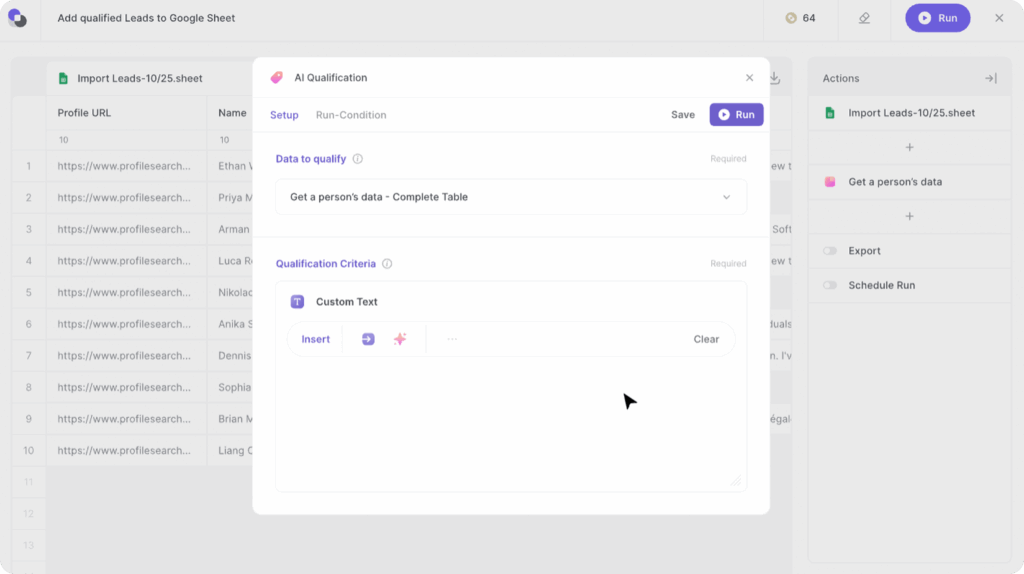 Interface Bardeen pour qualification de leads avec outils d’automatisation et IA.