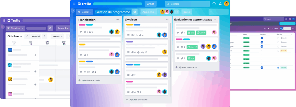 Interface Trello avec vues calendrier tableau kanban et gestion tâches collaborative simple.