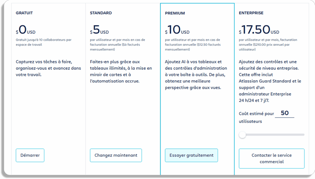 Tarifs Trello avec plans Gratuit Standard Premium et Enterprise pour gestion projets collaborative.