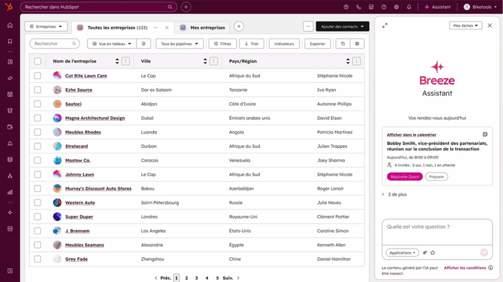 Interface HubSpot CRM avec gestion entreprises et assistant IA pour automatisation marketing.