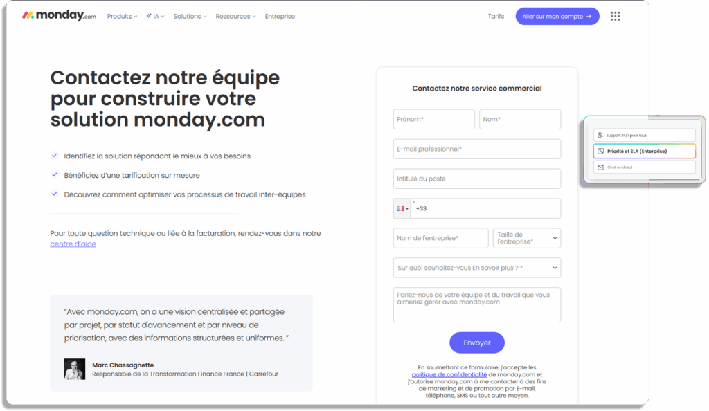 Comparatif monday vs Trello avec formulaire contact et interface monday.com.