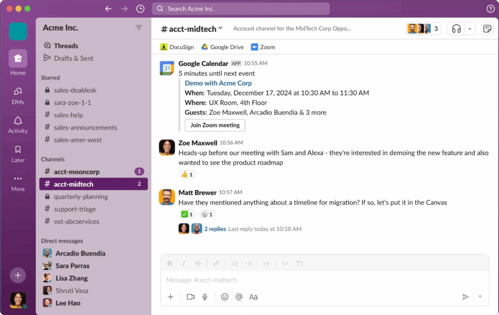 Slack gestion du temps avec messages, calendrier et coordination d’équipe.
