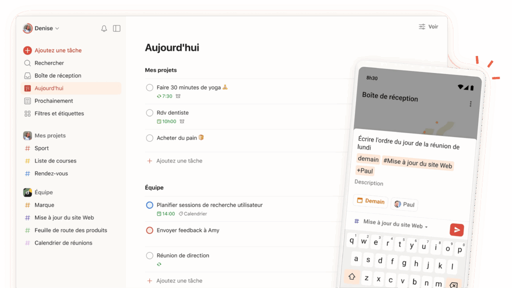 Todoist gestion du temps avec tâches, priorités et organisation quotidienne.