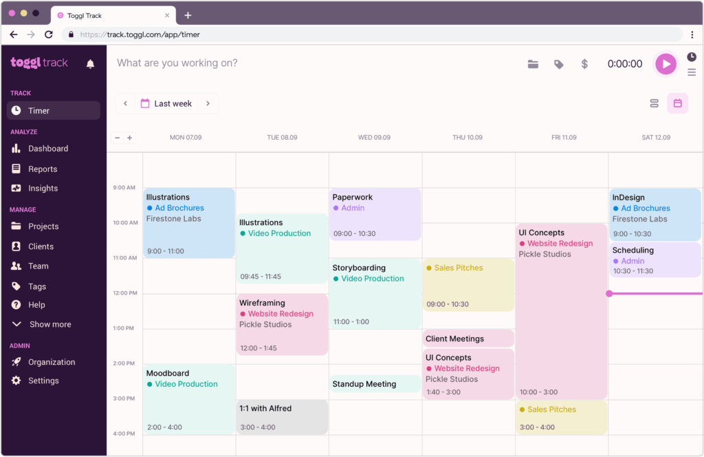 Toggl gestion du temps avec suivi des tâches et planning hebdomadaire détaillé.