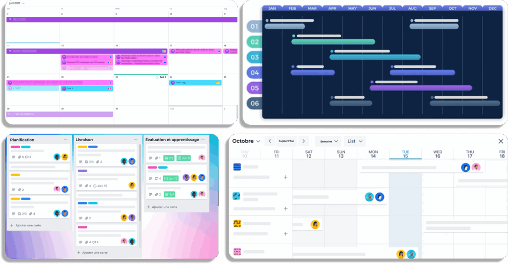 Comparatif monday vs Trello avec vues calendrier kanban et diagramme Gantt pour gestion projet.