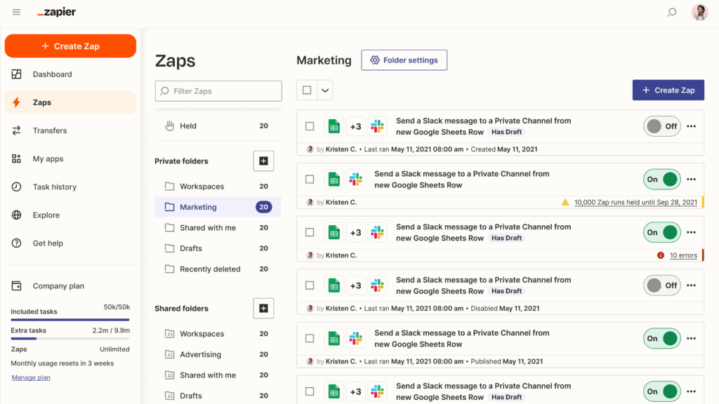 Interface Zapier pour automatisation no-code avec zaps et intégrations Slack Google Sheets.