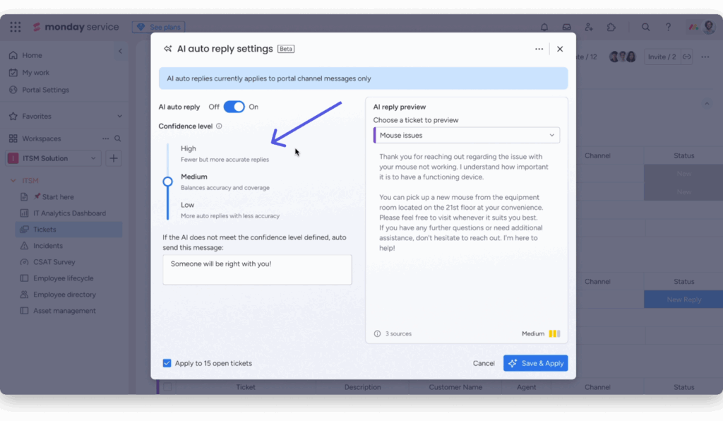 Assistant IA monday.com Service suggérant des réponses à un ticket