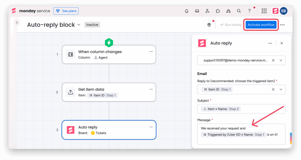 Constructeur de workflow monday.com Service avec blocs personnalisés