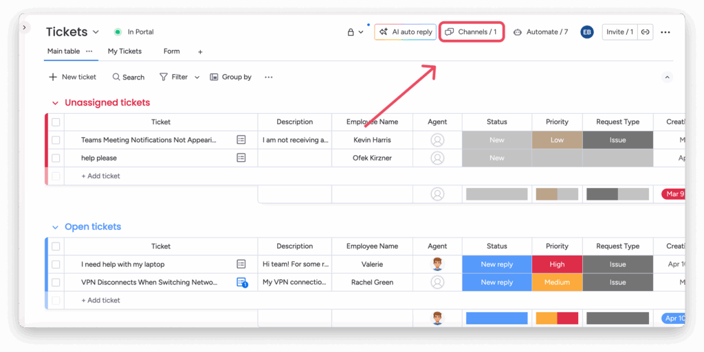 Connexion des canaux email et Slack dans monday.com Service