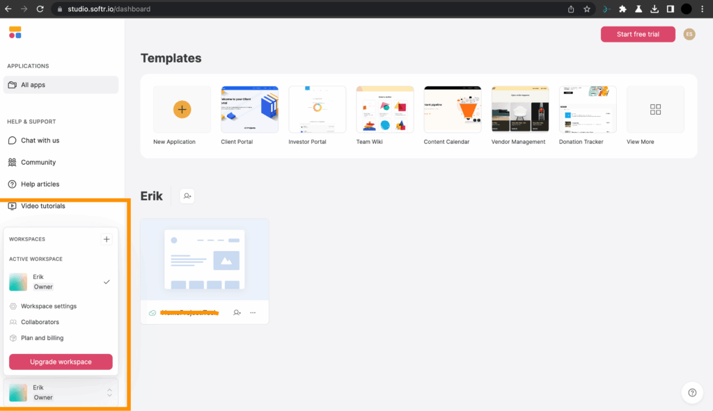 Interface Softr pour création d’applications no code avec templates et gestion d’espace de travail.