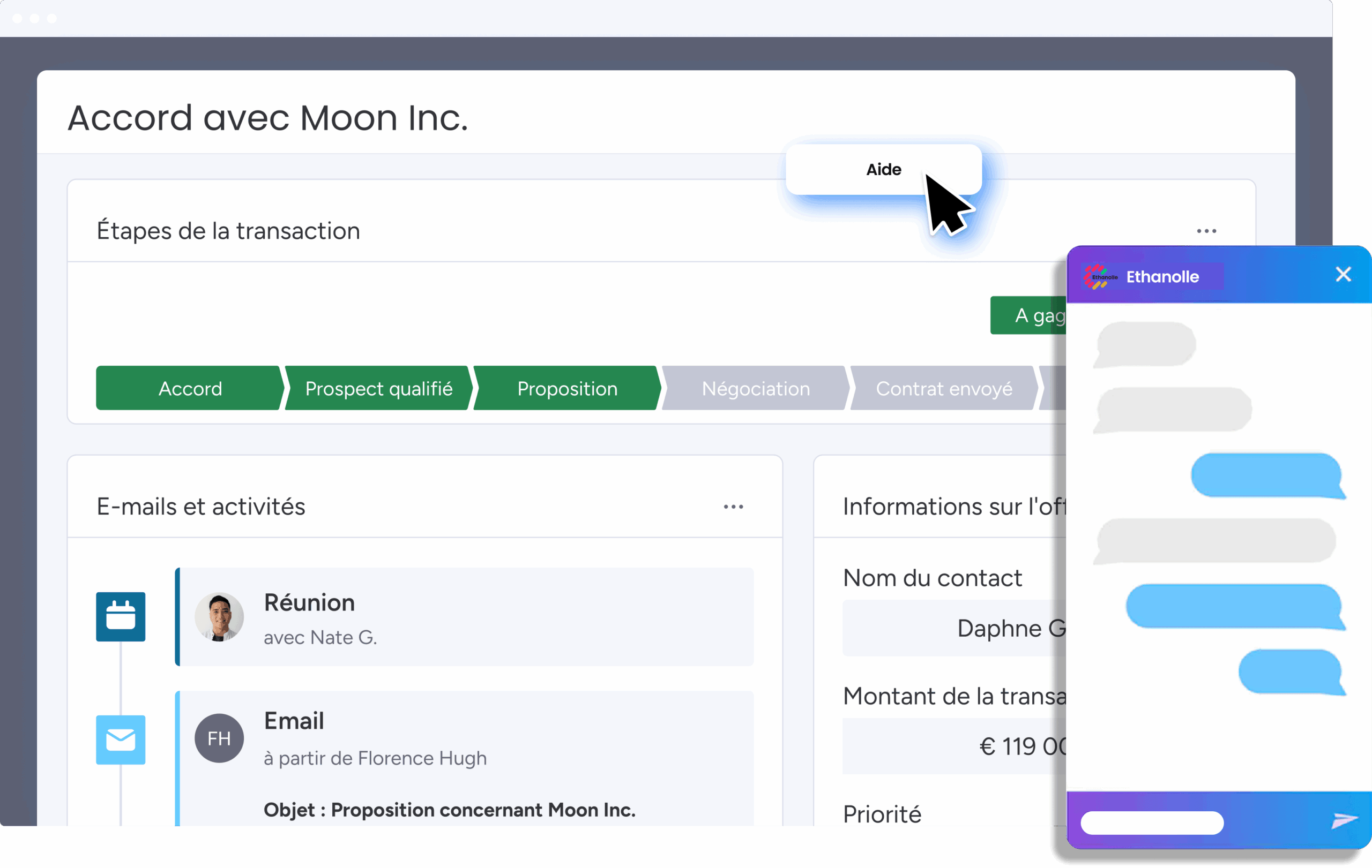 Suivi pipeline CRM agence gestion prospects transactions et échanges clients.