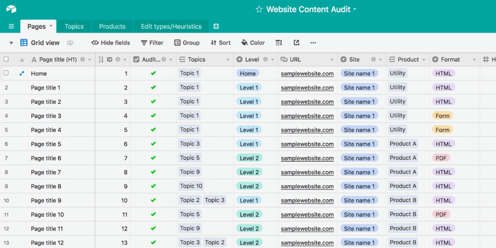 Tableur Airtable pour audit de contenu web avec gestion des pages et des données SEO.