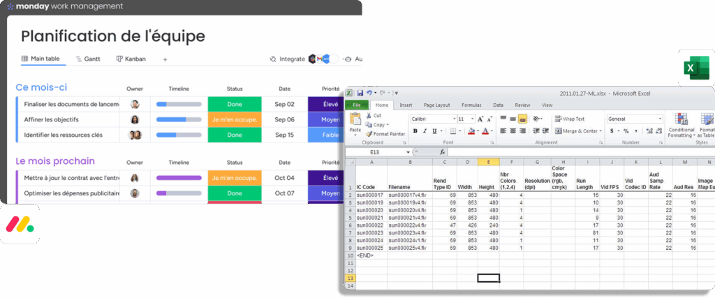Comparatif monday vs Excel avec planification équipe monday et tableau de données Excel côte à côte