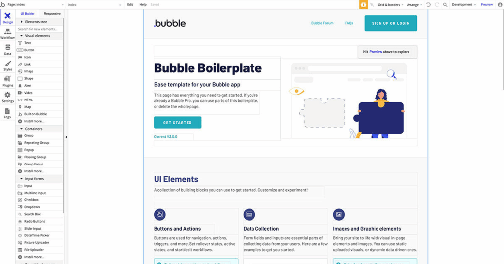 Interface Bubble pour créer une application no code avec éditeur visuel et composants UI.
