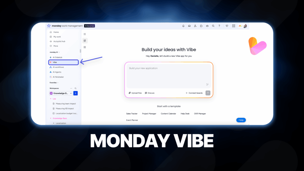 Interface Monday Vibe pour créer une application et organiser des idées avec l’IA.