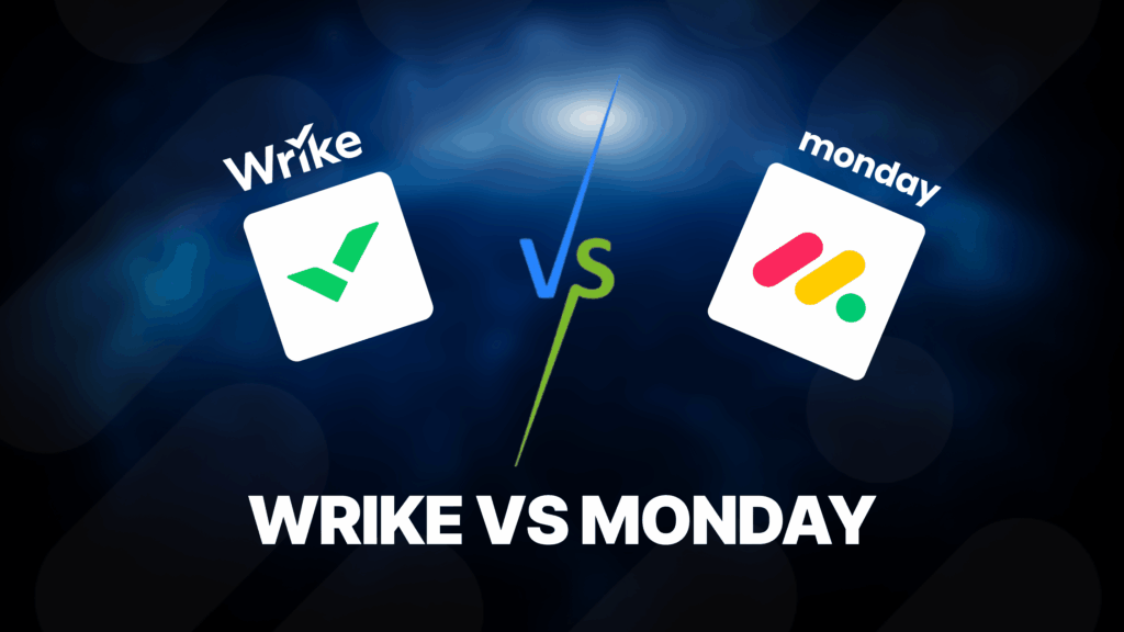 Comparaison visuelle Wrike vs monday avec logos des deux outils et symbole VS au centre.
