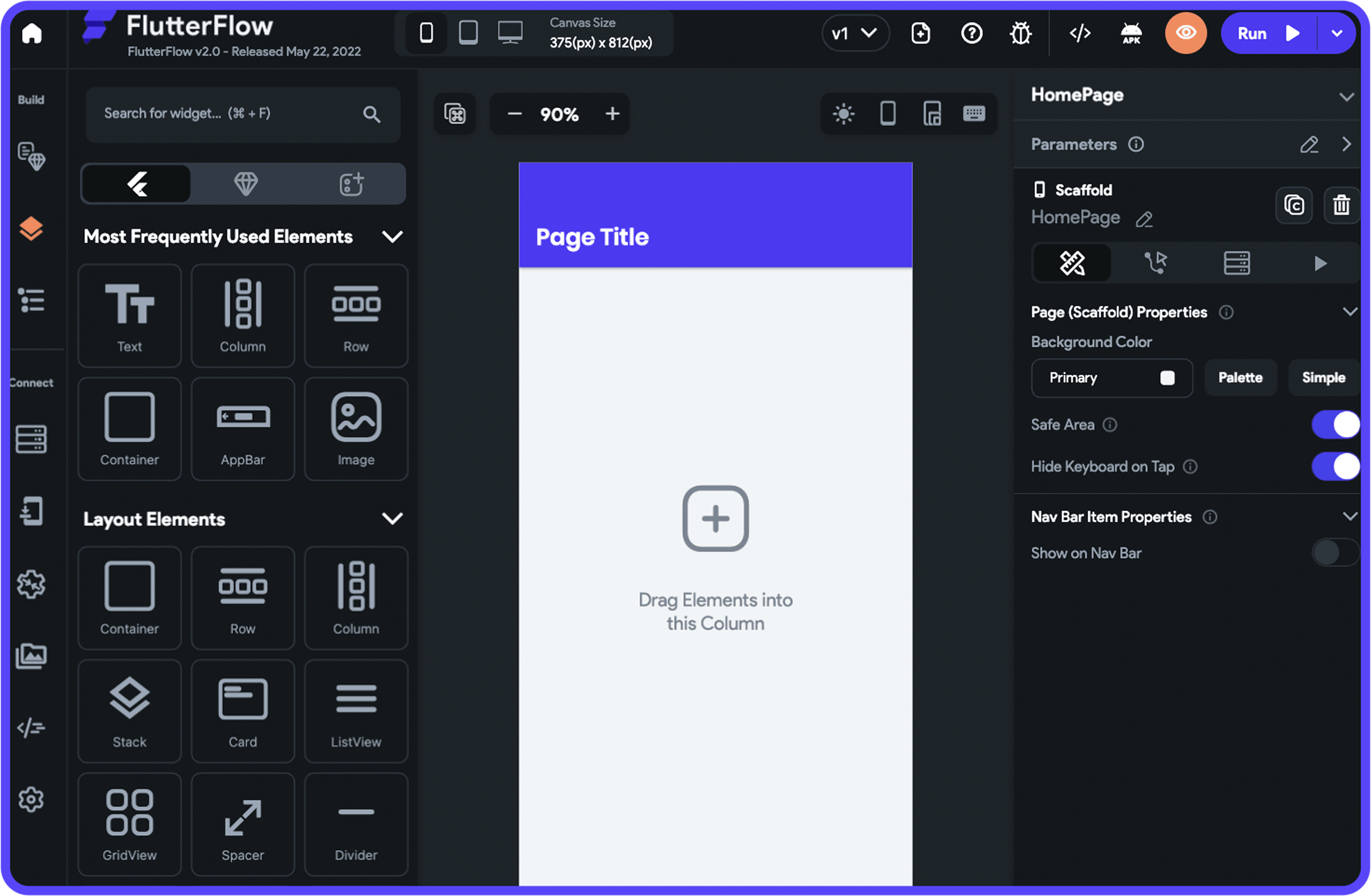 Interface FlutterFlow pour création d’applications no code avec éditeur visuel et composants UI.