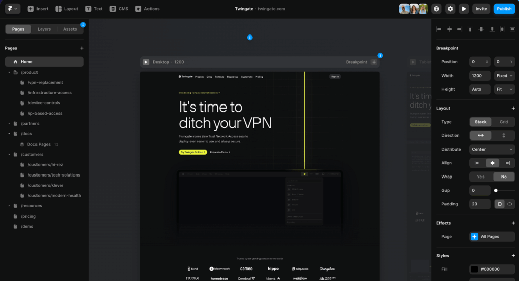 Interface Framer pour création de sites web no code avec éditeur visuel et design interactif.
