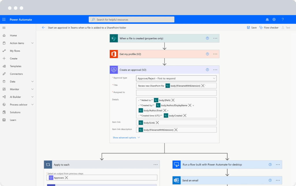 Workflow RPA Power Automate avec validation SharePoint et approbation via Microsoft 365.