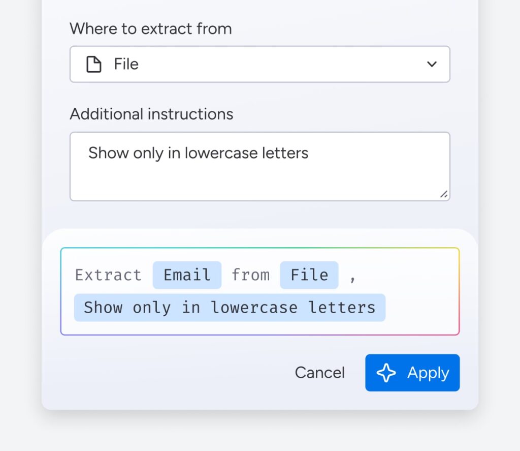 Configuration d'un Bloc IA Extract monday.com avec source File et instruction Show only in lowercase letters