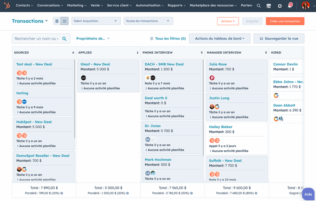 Tableau de pipeline de transactions HubSpot en francais, colonnes par etapes commerciales