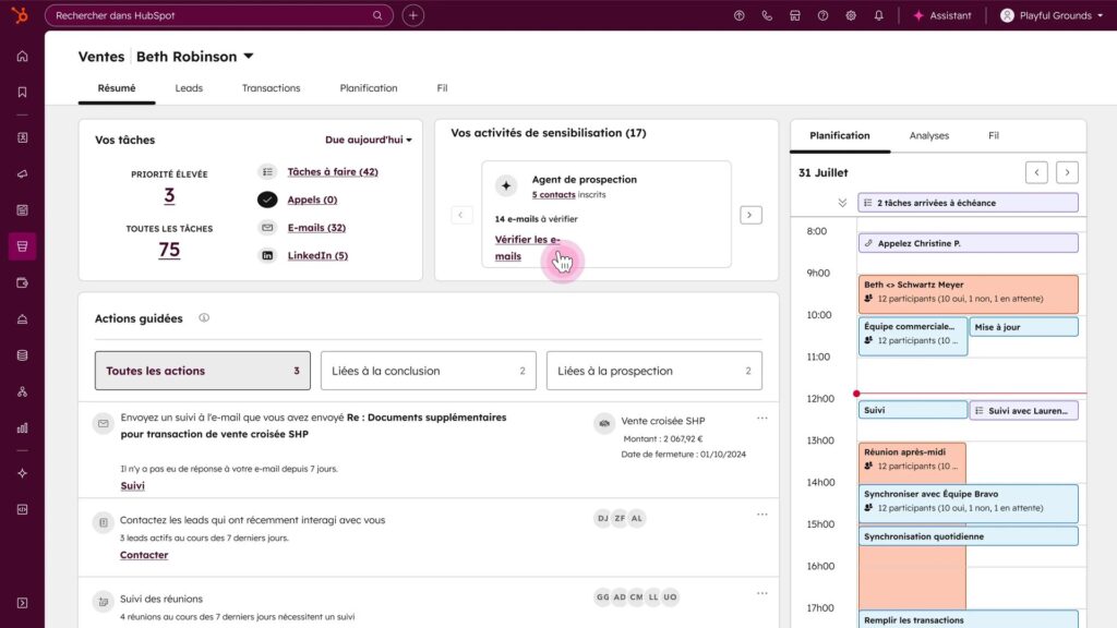 HubSpot Sales Workspace 2025 en francais, espace commercial avec taches et planning