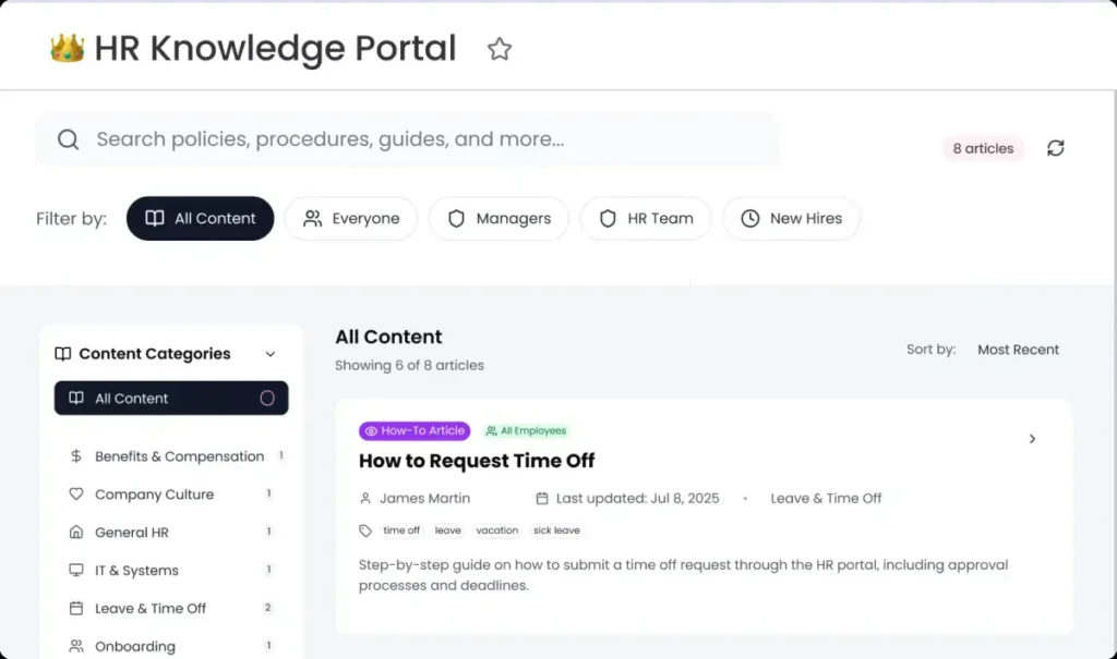 App HR Knowledge Portal générée par monday vibe avec catégories Onboarding Benefits Company Culture IT Systems et filtres par audience New Hires Managers
