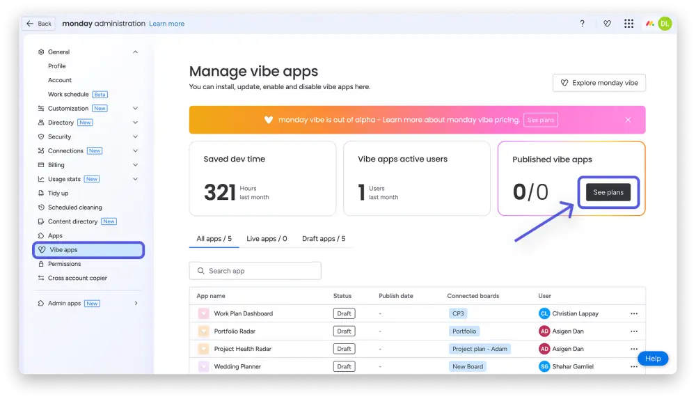 Panneau admin Manage vibe apps de monday.com avec KPI Saved dev time Vibe apps active users Published vibe apps et bouton See plans