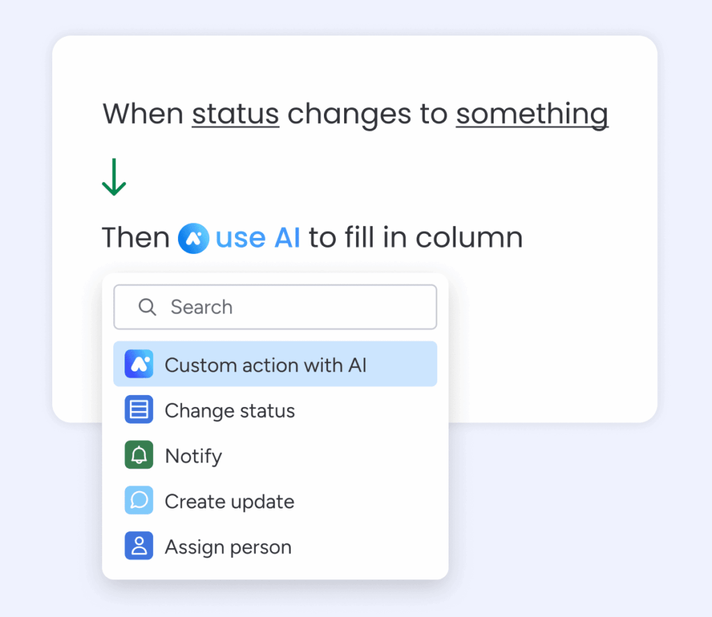 Action personnalisée avec IA dans un monday.com workflow : When status changes, Then use AI to fill in column