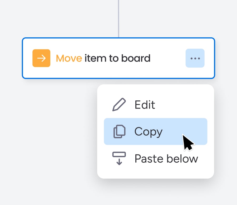 Bloc Move item to board avec menu contextuel Edit Copy Paste below dans le Workflow Builder