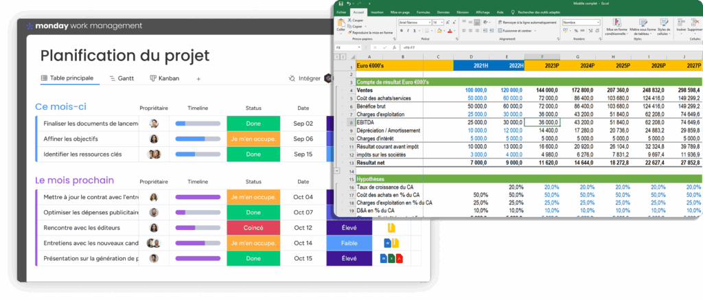Comparatif monday vs Excel avec planification projet visuelle et tableau financier Excel côte à côte.