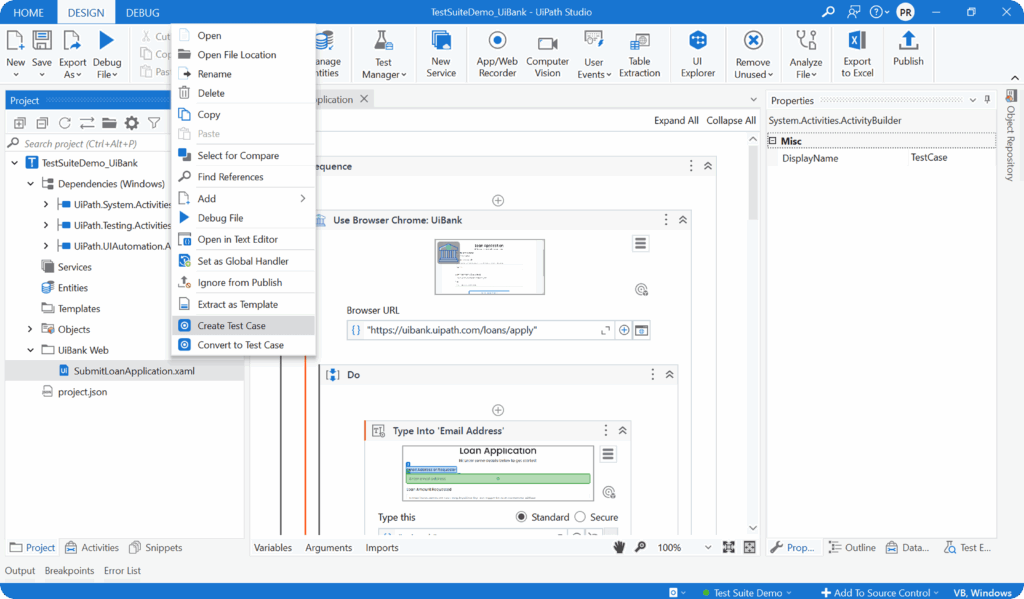 Interface UiPath Studio avec workflow RPA pour automatisation web et saisie de formulaire.