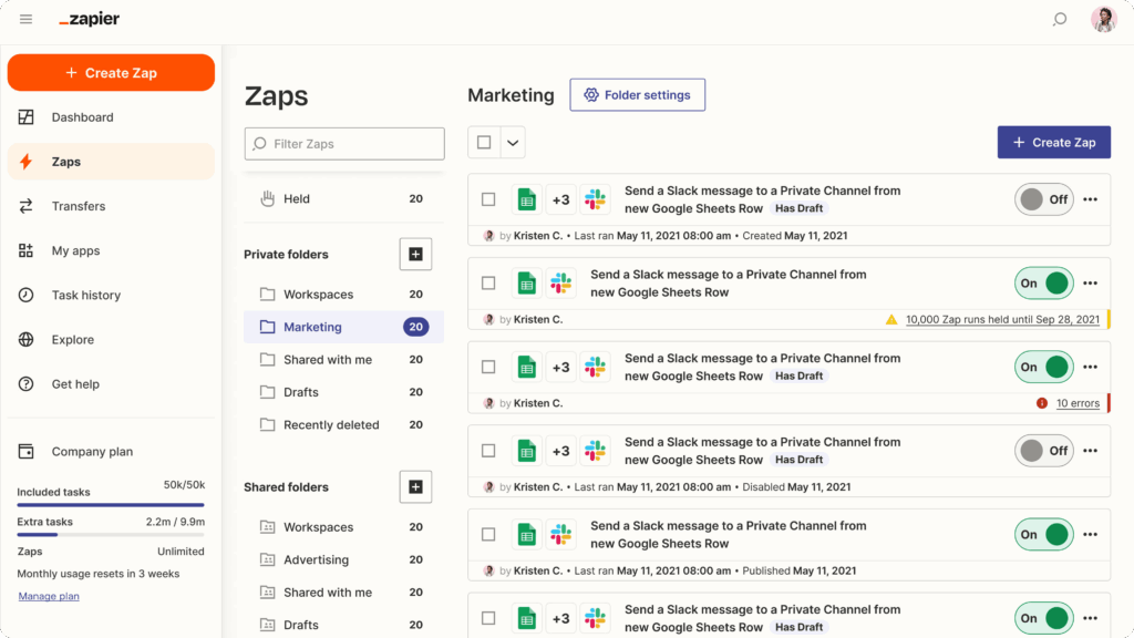 Interface Zapier avec liste de Zaps marketing et automatisations Google Sheets vers Slack.