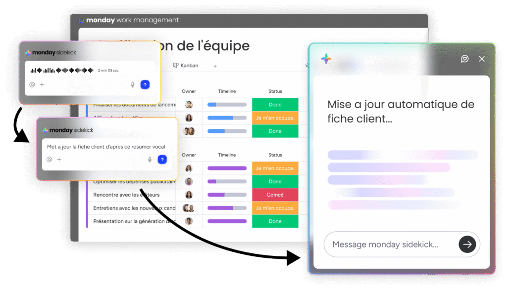 Interface de monday Sidekick mettant à jour automatiquement une fiche client depuis un résumé vocal.
