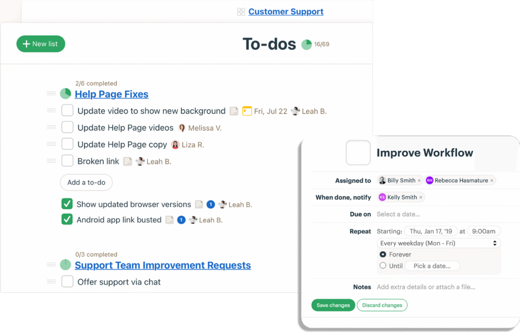 Gestion des listes de tâches (To-dos) et paramétrage d'une tâche récurrente dans l'interface épurée de Basecamp.