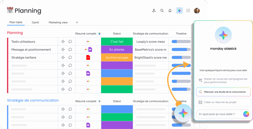 Interface d'accès à monday Sidekick via l'étoile IA colorée au niveau du board et de l'item.