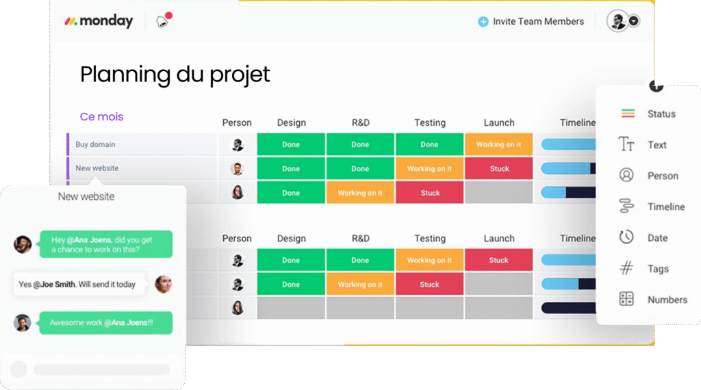 Interface du tableau planning du projet et messagerie interne sur la page d'accueil monday.