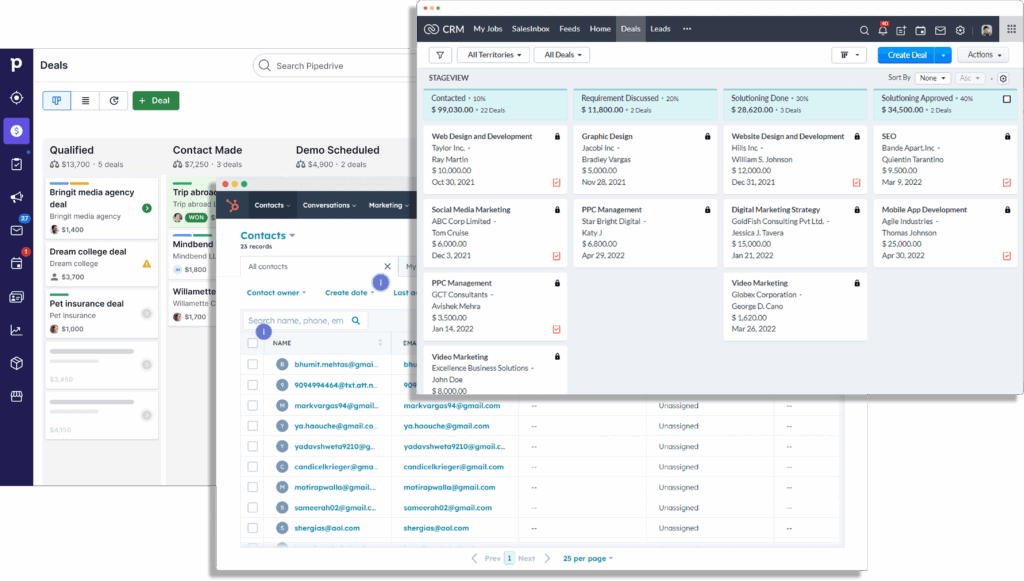 Interfaces CRM type monday et Salesforce avec pipelines commerciaux, contacts et gestion des deals.