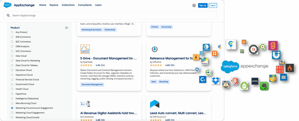 Marketplace Salesforce AppExchange avec intégrations CRM et applications tierces professionnelles