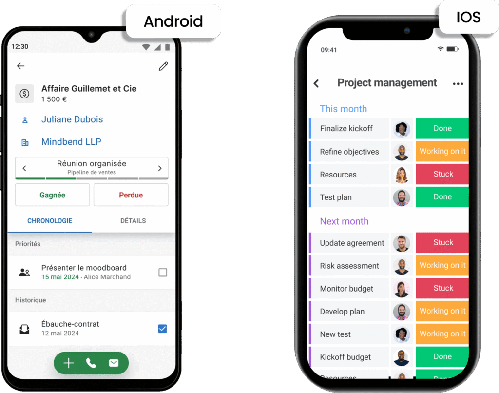Applications mobiles iOS et Android pour le comparatif Pipedrive vs monday CRM.
