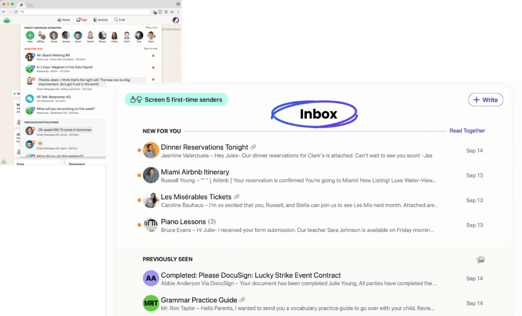 Interface de messagerie et boîte de réception centralisée sur Basecamp vs monday.